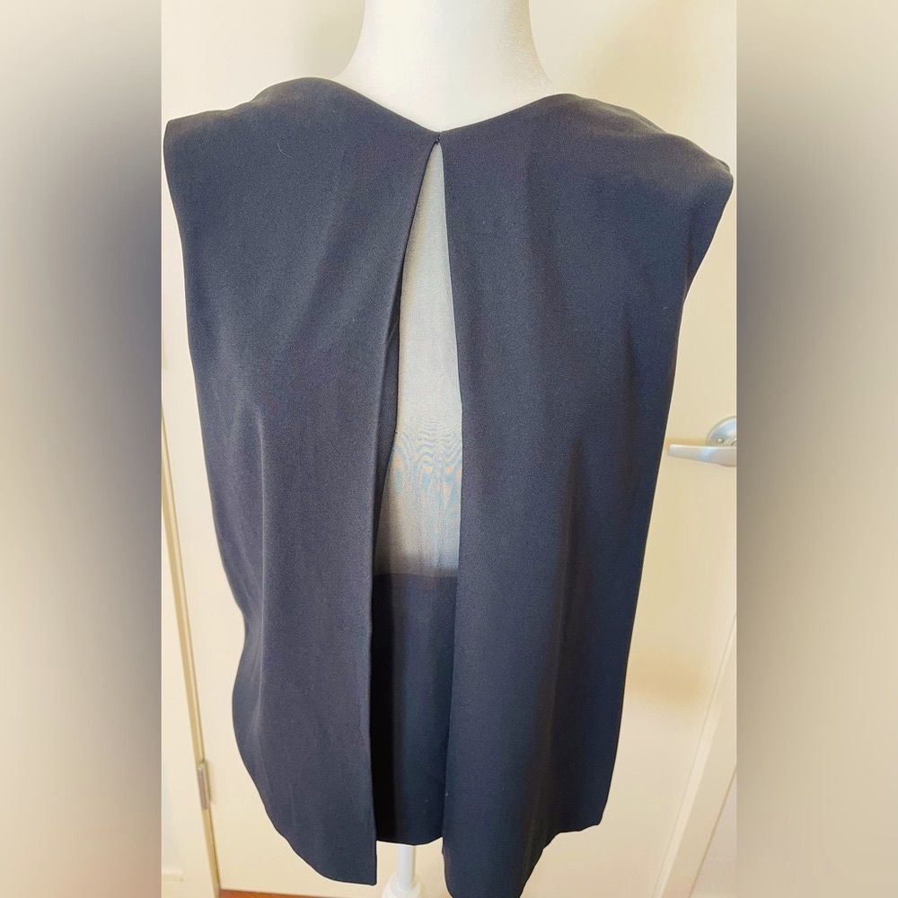 NWT Donna Karan Black Sleeveless Split Front Overlay Top Sheer Mesh Insert L